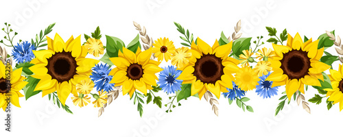Fototapeta Naklejka Na Ścianę i Meble -  Horizontal seamless border with blue and yellow sunflowers, dandelion flowers, gerbera flowers, cornflowers, ears of wheat, and green leaves. Vector illustration