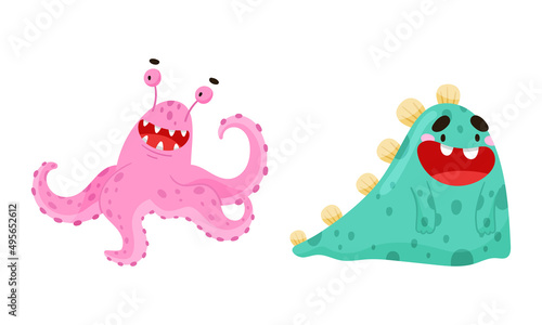 Joyful monsters. Funny smiling toothy monster  alien cartoon characters vector illustration