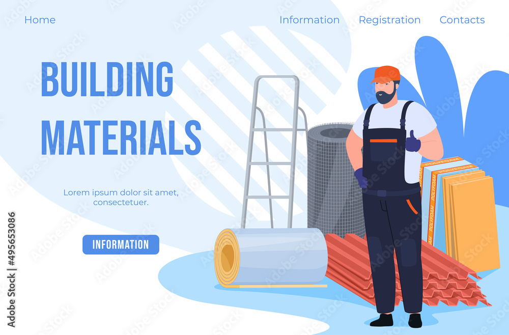Building materials landing page vector flat construction industrial tool web internet advertising