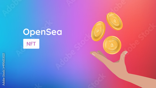 Opensea, NFT development banner. Platform for selling NFT art. Marketplace for non-fungible tokens. Hand tossing gold coins icon