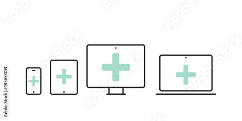 Health device icon set: smartphone, tablet, laptop and desktop computer with medical crosses. Vector illustration, flat design