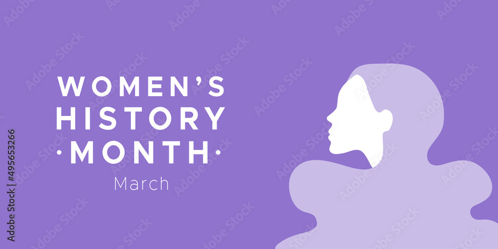 Women's History Month. March. Woman portrait. Violet color. Recognition of women's achievements. Horizontal format. Vector illustration, flat design