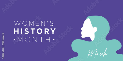Women's History Month. March. Woman portrait. Violet color. Recognition of women's achievements. Horizontal format. Vector illustration, flat design