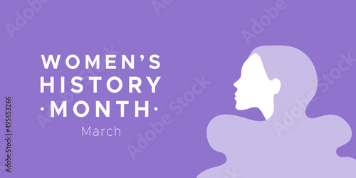 Women's History Month. March. Woman portrait. Violet color. Recognition of women's achievements. Horizontal format. Vector illustration, flat design