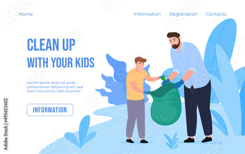 Garbage collecting parents and children cleanup together landing page vector flat illustration