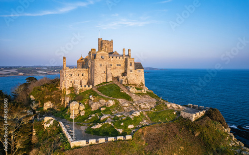 St Michael's Mount from a drone, Marazion, Penzance, Cornwall, England