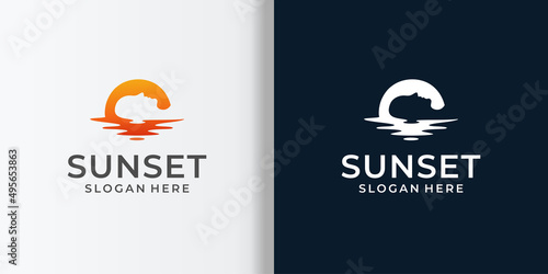 sunset logo with negative space head people premium vector