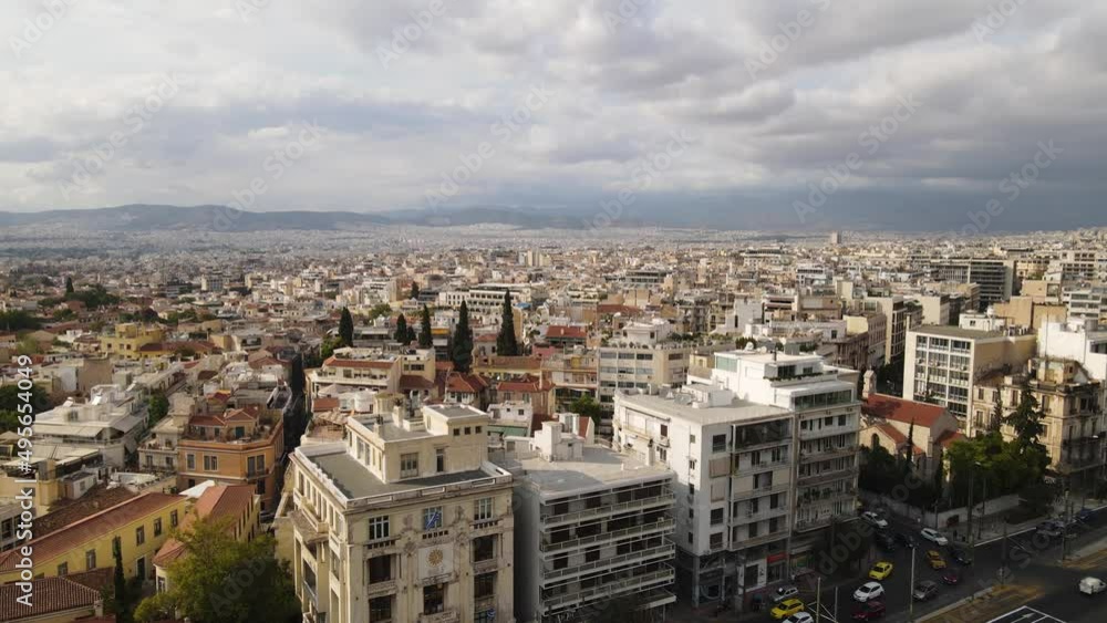Downtown Athens, Greece, Aerial View of Buildings and Busy Traffic on Sunny Day, Drone Shot Downtown Athens, Greece, Aerial View of Buildings and Busy Traffic on Sunny Day, Drone Shot