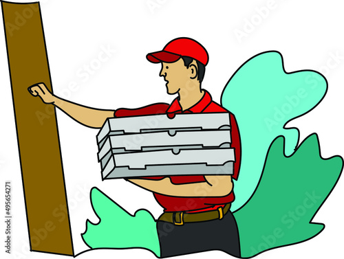 Vector illustration of a courier delivering pizzas
