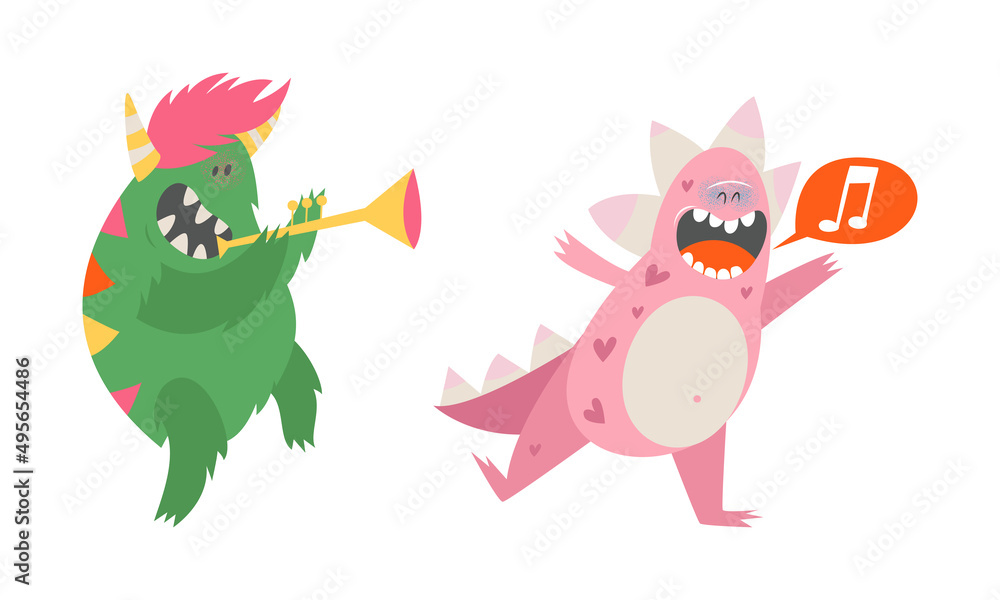 Cute monsters in different actions set. Funny toothy monster characters playing trumpet and singing cartoon vector illustration