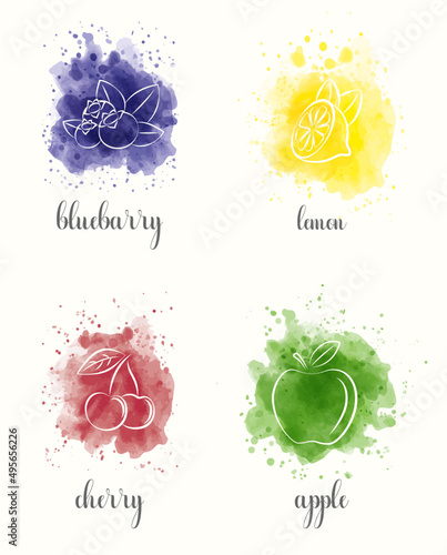 Watercolor fruits, set. Apple, lemon, cherry, blueberry.
