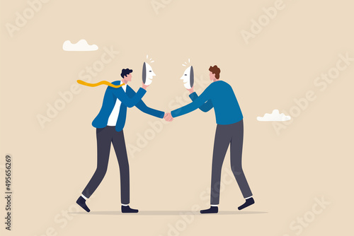Dishonesty partnership or fake agreement, liar or suspicion fraud, betrayal or politics deal, hidden threat ready to stab behind concept, businessmen handshake both holding mask to hide real thought.