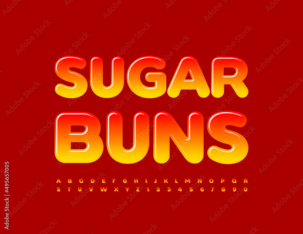 Vector bright emblem Sugar Buns. Sweet Gradient Font. Glossy Alphabet Letters and Numbers set