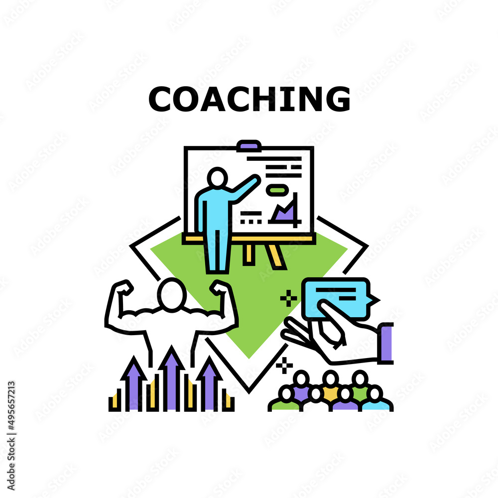 Coaching Consulting Vector Icon Concept. Coaching Consulting And Explaining Goal Achievement And Motivation Colleagues, Presentation In Meeting Room. Audience Coach Color Illustration