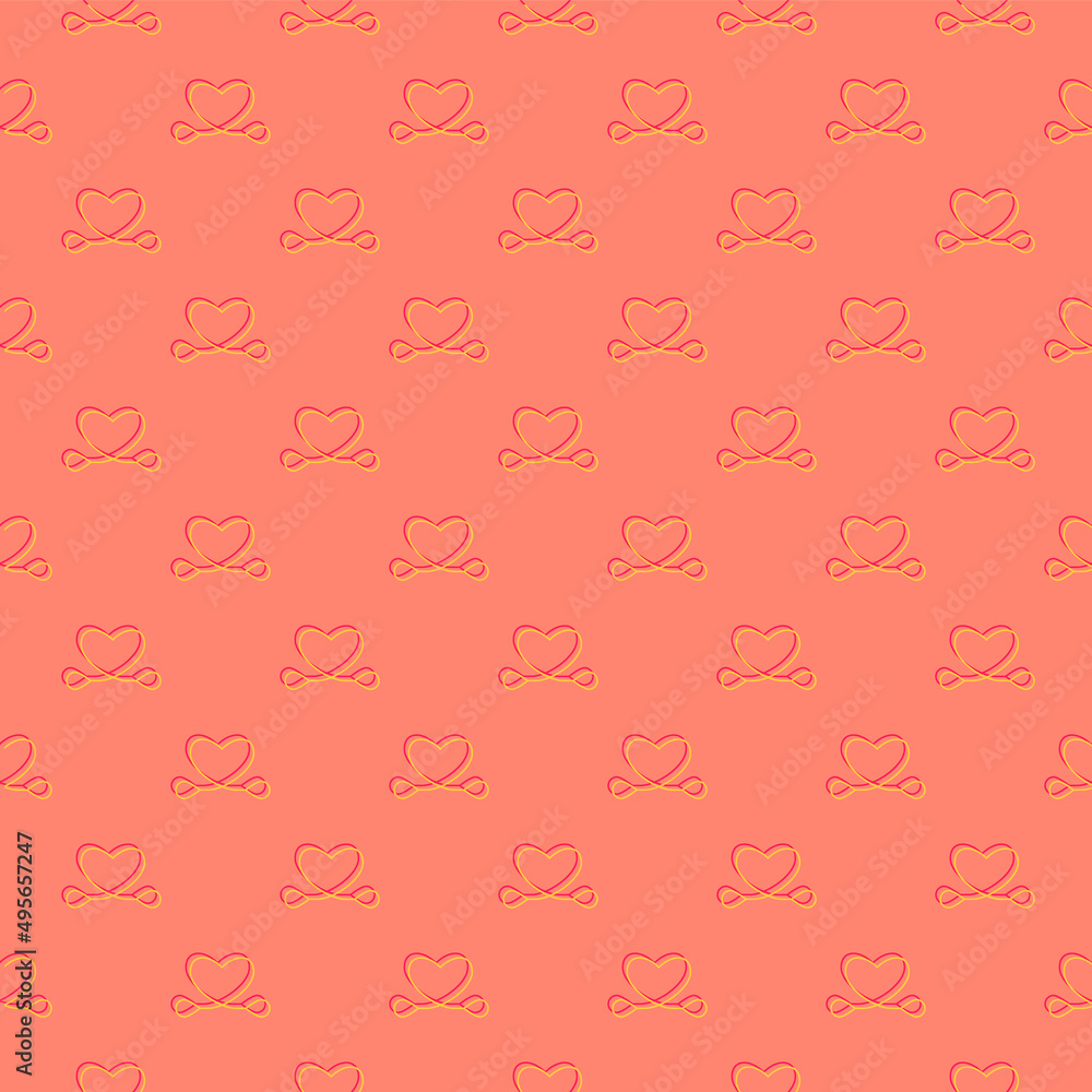 Line art seamless pattern in the form of a heart on color background. Romance graphic texture. Holiday celebration concept. Decorative print. Geometric bright wallpaper. Red contour line.