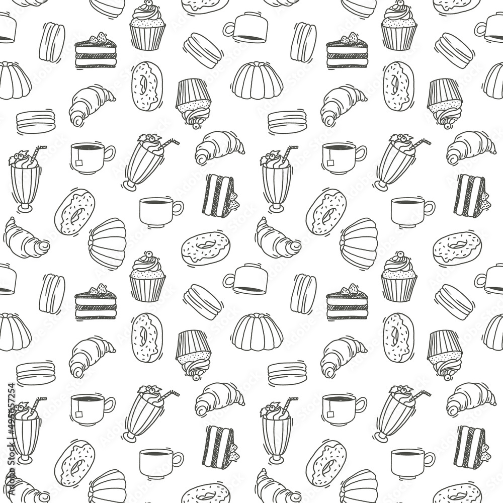 Sweet food background Seamless pattern doodle grey line vector illustration Sweet food background Seamless pattern doodle grey line vector illustration