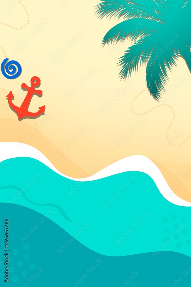Beach sea background with anchor, seashell, leaves, concept framework, drink, artwork, splash, wallpaper, card, summer, sea ​​view