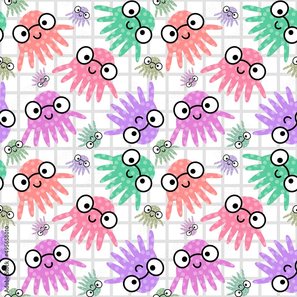 Naklejka premium Kids seamless cartoon octopus pattern for fabrics and textiles and packaging and gifts and cards and linens