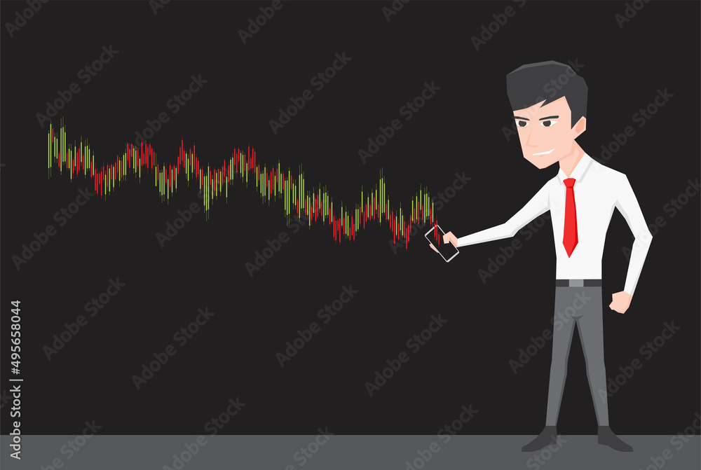 An illustration of a businessman happy with business graphic progress An illustration of a businessman happy with business graphic progress
