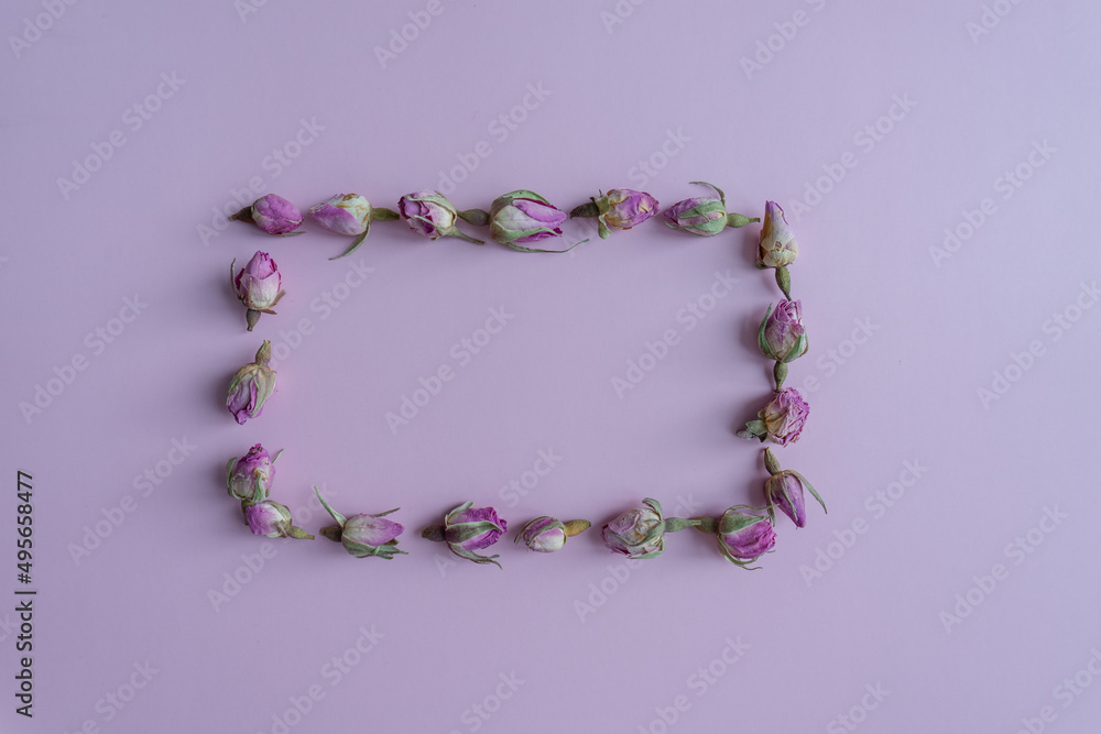 Obraz premium Frame of flowers on a pink background. Layout for text.