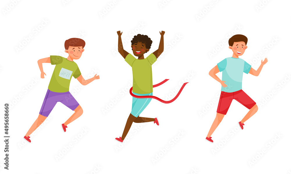 People taking part in sports competition set. Man and woman crossing finish line cartoon vector illustration