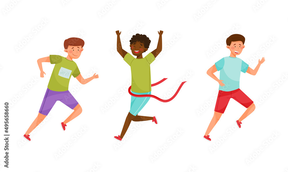 People taking part in sports competition set. Man and woman crossing finish line cartoon vector illustration People taking part in sports competition set. Man and woman crossing finish line cartoon vector illustration