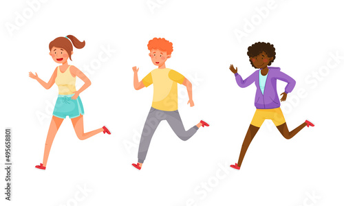 People taking part in sports competition  man and woman in sports outfit running cartoon vector illustration