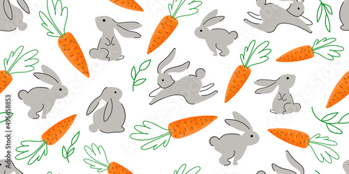 Happy Easter trendy easter banner modern minimal style. Hand painted rabbits and carrots in pastel colors. Horizontal poster, greeting card, wrapping paper