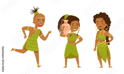 Native American indians set. Native people in traditional clothes cartoon vector illustration
