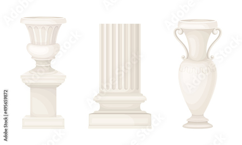 Classical architectural column and vases set. Classic antique decor element vector illustration