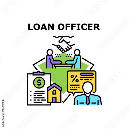 Loan Officer Vector Icon Concept. Loan Officer Checking Real Estate Documentation And Client Solvency, Approving Mortgage And Signing Financial Agreement With Customer Color Illustration