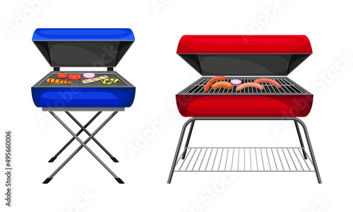 Set of kettle barbecue grill with meat steaks. Equipment for bbq cooking vector illustration