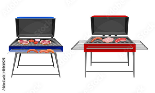 Set of barbecue grill with charcoal kettle. Traditional equipment for bbq cooking vector illustration