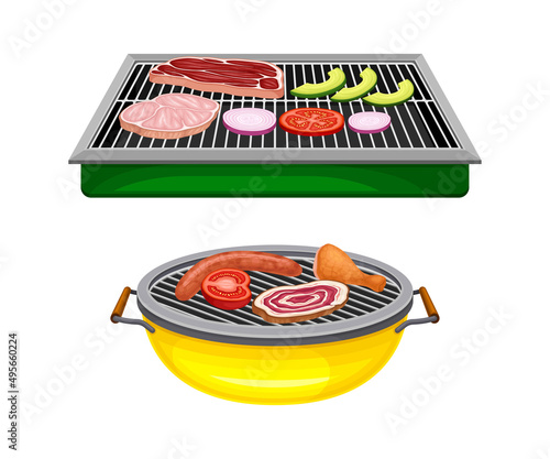 Charcoal barbecue grill with meat steaks and vegetables. Equipment for bbq cooking vector illustration