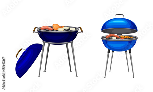 Kettle barbecue grills. Equipment for meat steaks cooking vector illustration