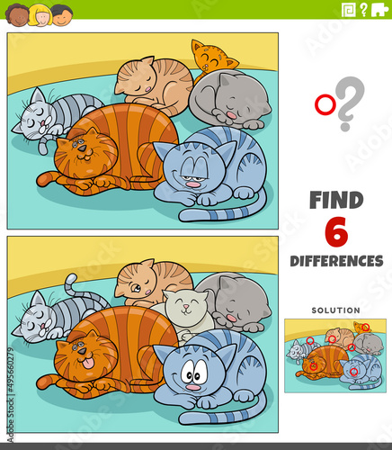 differences educational game with cartoon sleepy cats