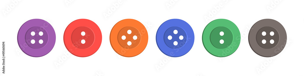 Cloth buttons. Plastic buttons isolated. Icons or shirt, sew, jacket and dress. Fashion of tailor sewing. Set of button with hole for thread. Round colored objects for clothes. Vector Cloth buttons. Plastic buttons isolated. Icons or shirt, sew, jacket and dress. Fashion of tailor sewing. Set of button with hole for thread. Round colored objects for clothes. Vector