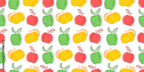 Fototapeta Naklejka Na Ścianę i Meble -  Vector seamless pattern bright  apples pattern with leaves. Simple surface pattern design wrapping paper, fabric, wallpaper, notebook, packaging. 