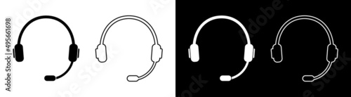 Headset of call center. Headphone with microphone. Line icon for support customer. Online callcenter, service 24 7. Silhouette of earphone for listen and talk. Logo of operator and hotline. Vector