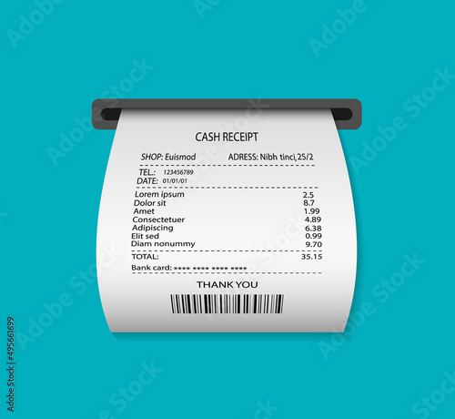 Paper receipt from atm. Print invoice in supermarket. Print cash bill or ticket. Atm reciept after payment. Invoice with list of purchases. Isolated illustration on blue background. Vector