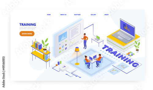 Training, landing page design, website banner vector template. Students learning online. Webinar. Distance education.