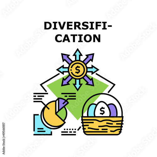 Diversification Vector Icon Concept. Diversification Financial Occupation For Earning Money, Researching Market And Investing In Different Business. Analyzing Finance Information Color Illustration