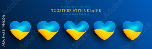 Together With Ukraine Vector Various 3D Hearts Set National Colours Ukrainian Yellow Blue Flag Isolated On Blue Background. Three Dimensional Heart Ukrainian Army Volunteers People Icon Collection