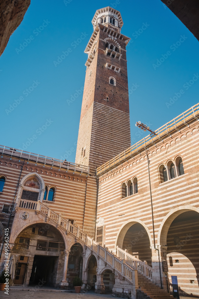 Verona, Italy - February 8, 2022 - Palazzo della Ragione and Lamberti tower