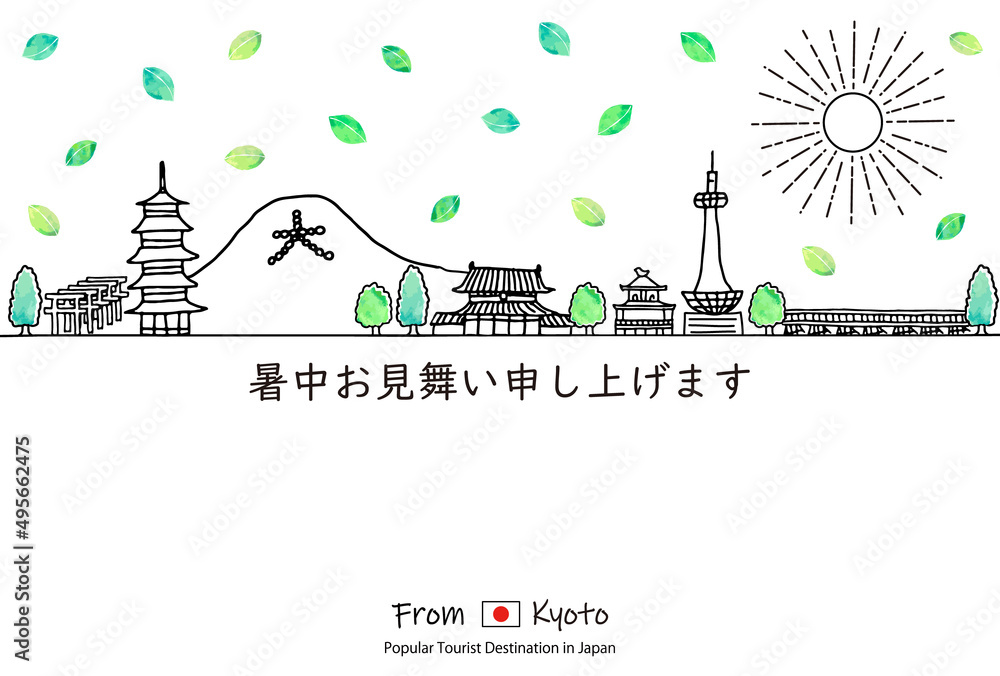 手描きの京都の観光地の街並み暑中見舞テンプレート