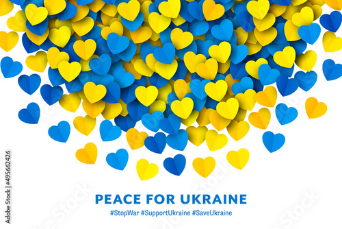 Peace For Ukraine Vector Scattered Yellow Blue Paper Hearts Semi Circle Border Isolated On White Background. Stop War And Save Ukraine Illustration. Ukrainian National Flag Colours Abstract Wallpaper