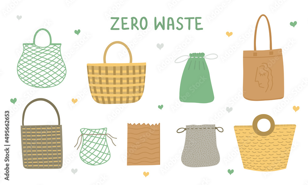 Zero waste, eco and shopping bags. Women's bags, cotton, straw bags and net bags, basket. Vector Illustration for backgrounds, packaging, posters and stickers. Isolated on white background. Zero waste, eco and shopping bags. Women's bags, cotton, straw bags and net bags, basket. Vector Illustration for backgrounds, packaging, posters and stickers. Isolated on white background.