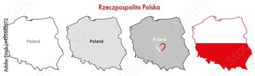 Set with outline Poland state borders with white-red national flag colours; Lines vector map on white backgroud