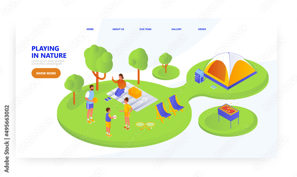 Family on picnic in nature, landing page design, website banner vector template. Father, mother and kids playing ball.