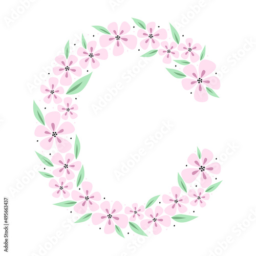 Floral botanical alphabet. Vintage hand drawn letter C. Letter with plants and flowers. Vector lettering isolated on white